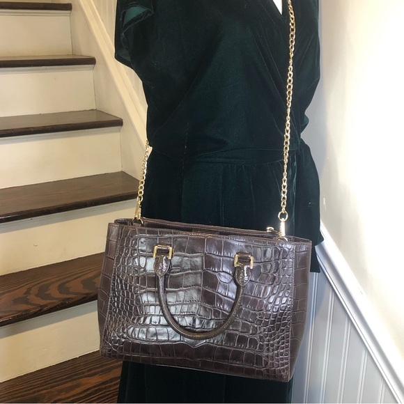 MICHAEL KORS Kellan Croc Embossed Brown Leather Satchel Crossbody Shoulder Bag - Picture 16 of 17